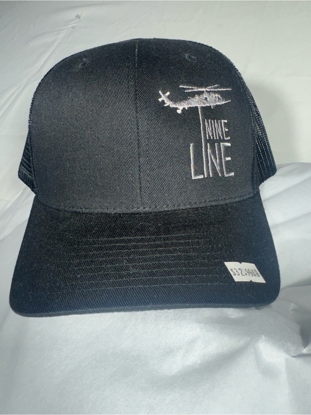 Nine Line Black Trucker Hat with Helicopter Embroidery